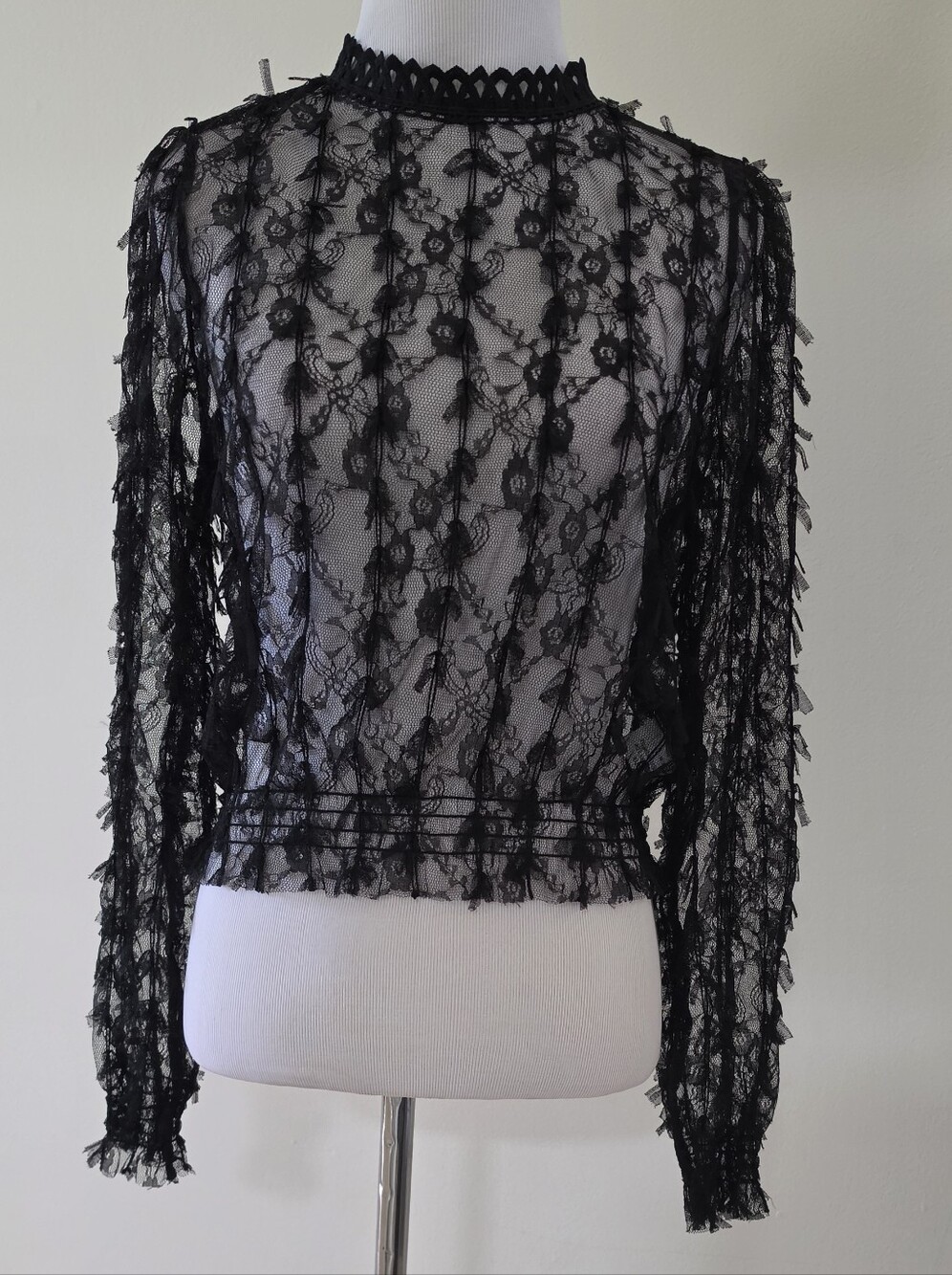 Black Sheer Lace Long-Sleeve Sheer Top - Women's